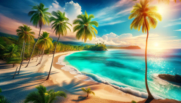 Coucher de soleil sur une plage tropicale avec palmiers et mer turquoise.