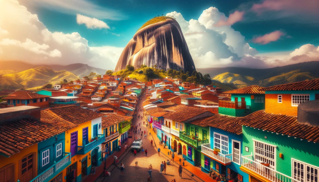 Colorful town with mountain backdrop at sunset.
