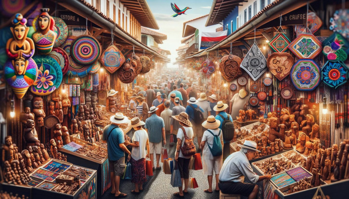 Marché en plein air très animé avec de l'artisanat et une foule très active.