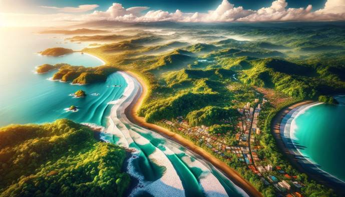 Aerial view of tropical coastline with lush forests and beaches.