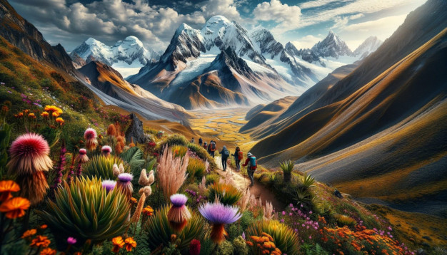 Hikers walking through vibrant mountain valley landscape.