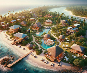 Tropical island resort with beachfront villas and pools.