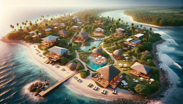 Tropical island resort with beachfront villas and pools.