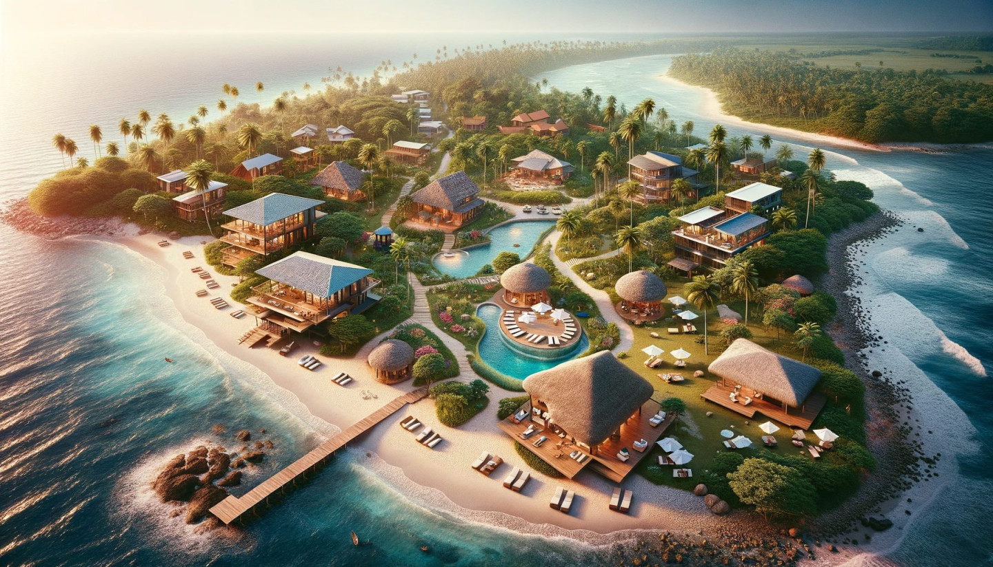 Station balnéaire sur une île tropicale avec des villas et des piscines en bord de mer.