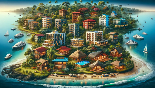 Île tropicale de villégiature de luxe avec yachts et maisons de plage