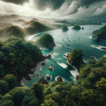 Tropical bay with forests, boats, and sunbeams through clouds.