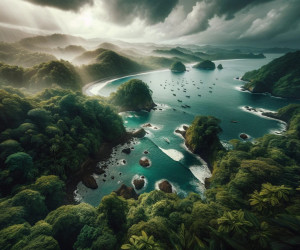 Tropical bay with forests, boats, and sunbeams through clouds.