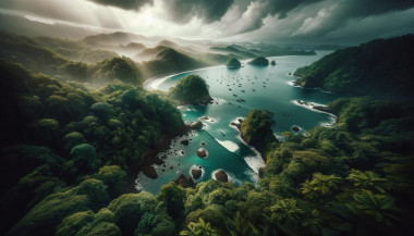 Tropical bay with forests, boats, and sunbeams through clouds.