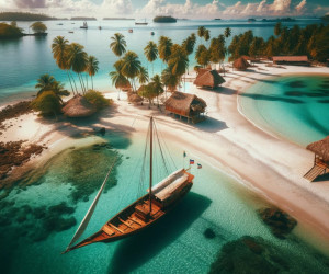 Tropical beach, sailboat, huts, palms, serene turquoise ocean.