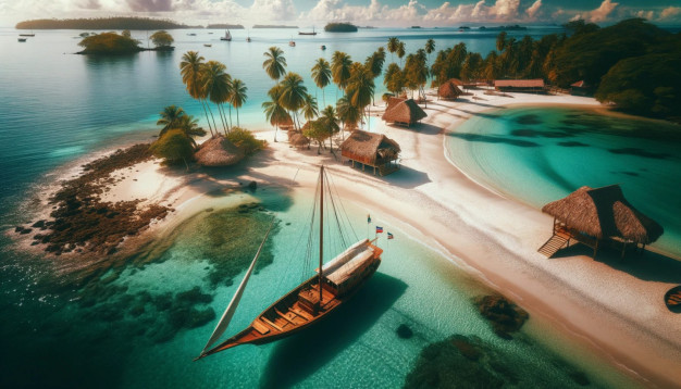 Tropical beach, sailboat, huts, palms, serene turquoise ocean.