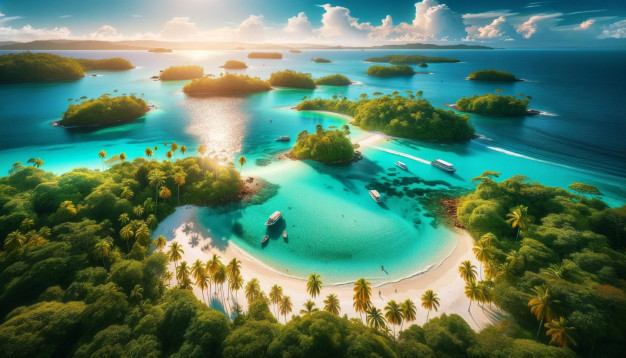 Île tropicale paradisiaque aux eaux turquoise et aux palmiers luxuriants.
