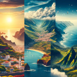 Stunning collage of diverse landscapes with mountains, ocean, sunset.