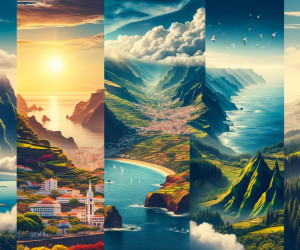 Stunning collage of diverse landscapes with mountains, ocean, sunset.