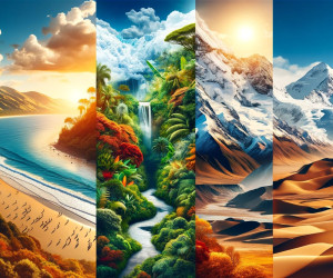 Diverse landscapes: beach, jungle, mountains, and desert scenes.