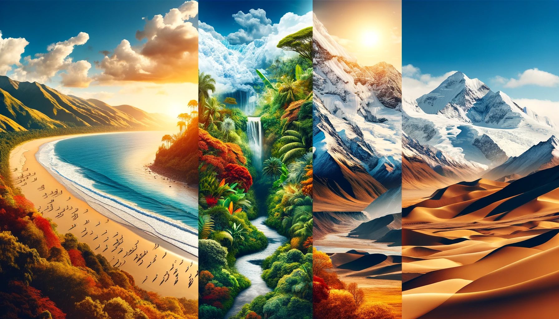 Diverse landscapes: beach, jungle, mountains, and desert scenes.