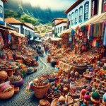 Colorful outdoor market street with handicrafts and textiles.