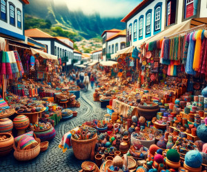 Colorful outdoor market street with handicrafts and textiles.