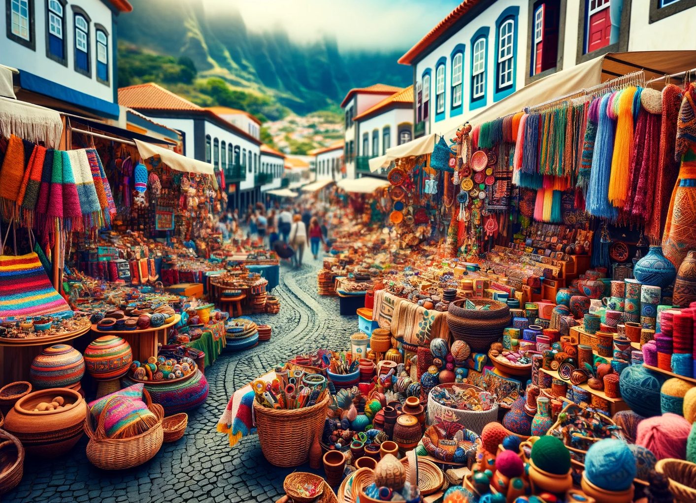 Colorful outdoor market street with handicrafts and textiles.