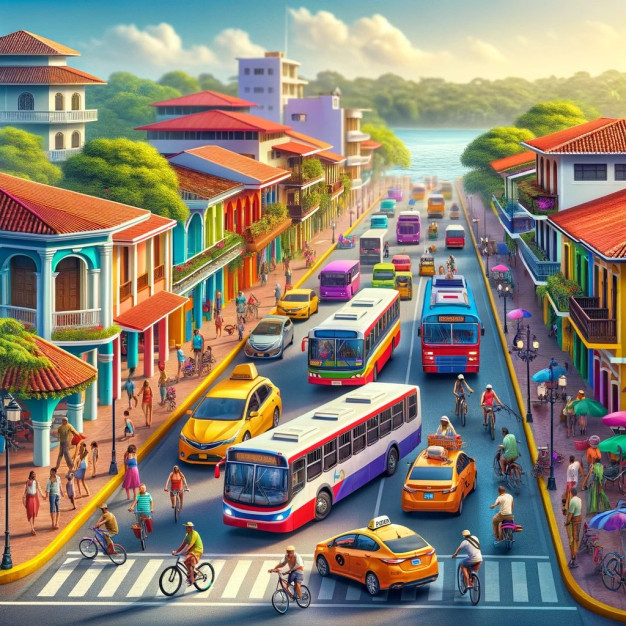 Rue de ville animée et colorée avec des véhicules et des piétons.