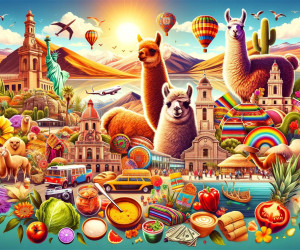 Colorful illustration of vibrant cultural and natural landmarks.