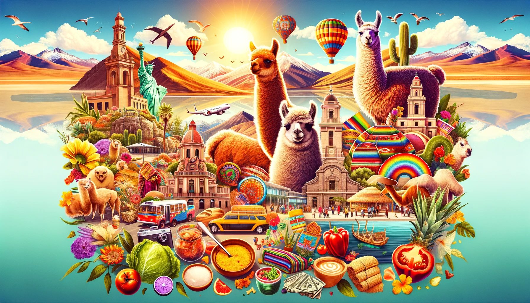 Colorful illustration of vibrant cultural and natural landmarks.