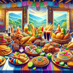 Colorful traditional feast, mountain view, vibrant interior decor.