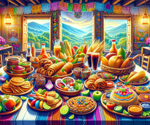 Colorful traditional feast, mountain view, vibrant interior decor.