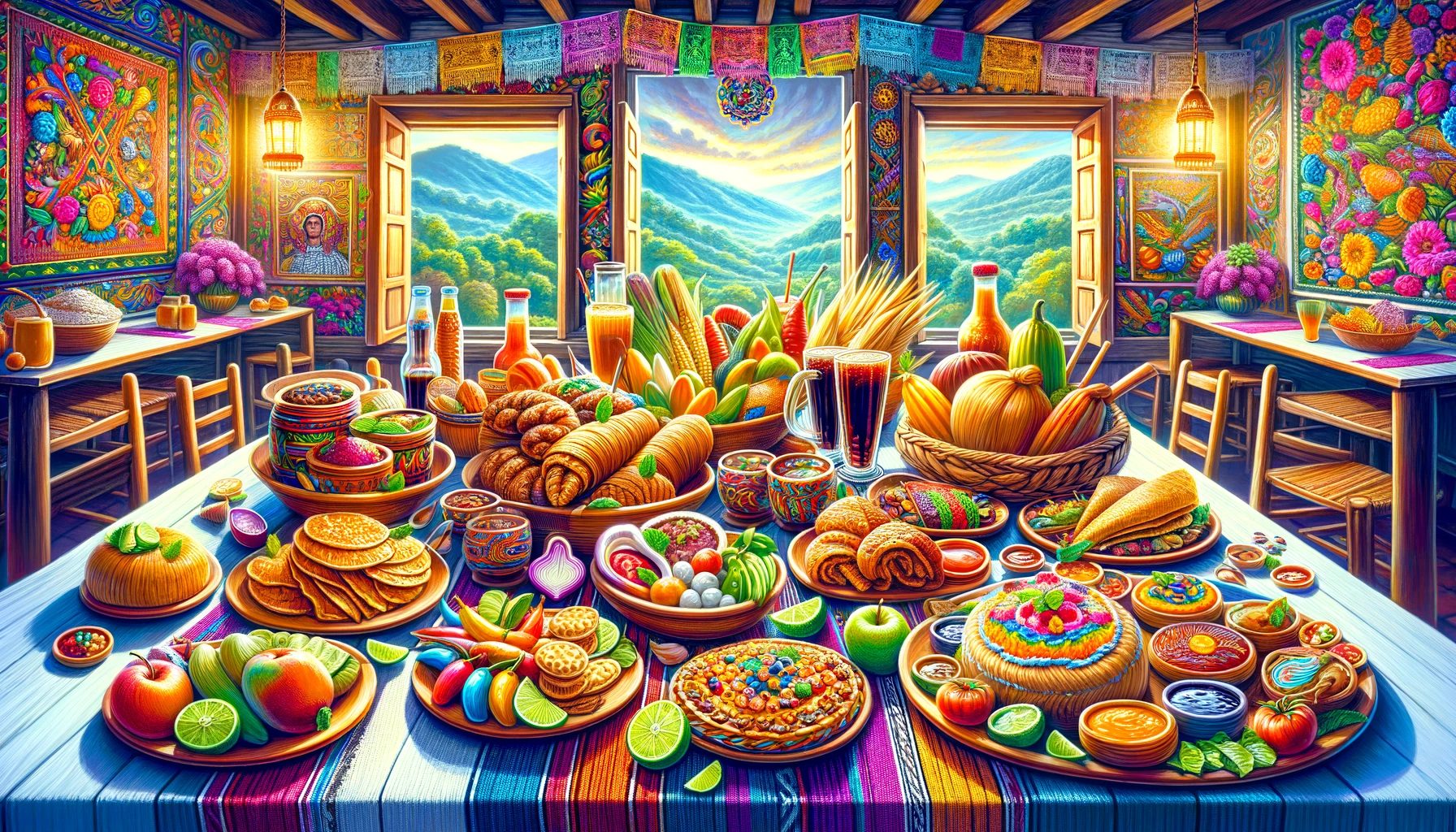 Colorful traditional feast, mountain view, vibrant interior decor.
