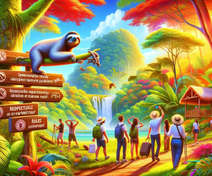 Jungle tropicale colorée avec des touristes et un panneau indicateur de paresseux.