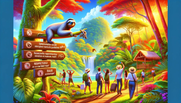 Colorful tropical jungle with tourists and a sloth signpost.