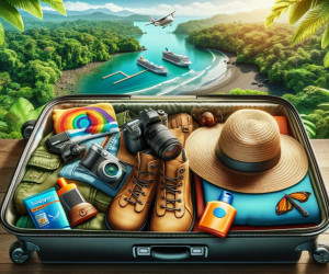 Packed suitcase with travel items, tropical destination backdrop.