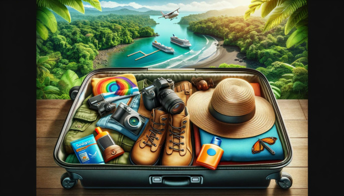 Packed suitcase with travel items, tropical destination backdrop.