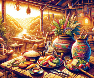 Colorful traditional feast illustration with vibrant sunset.