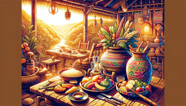 Colorful traditional feast illustration with vibrant sunset.