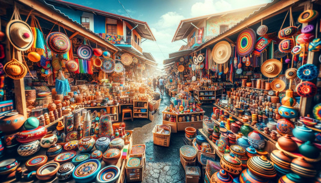 Rue du marché traditionnel coloré avec des objets d'artisanat et des poteries.