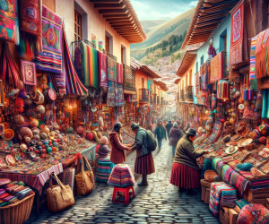 Colorful market street with traditional textiles and crafts.