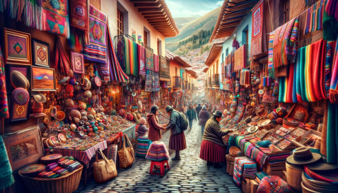 Colorful market street with traditional textiles and crafts.