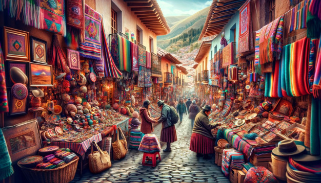 Rue du marché colorée où l'on trouve des textiles traditionnels et de l'artisanat.