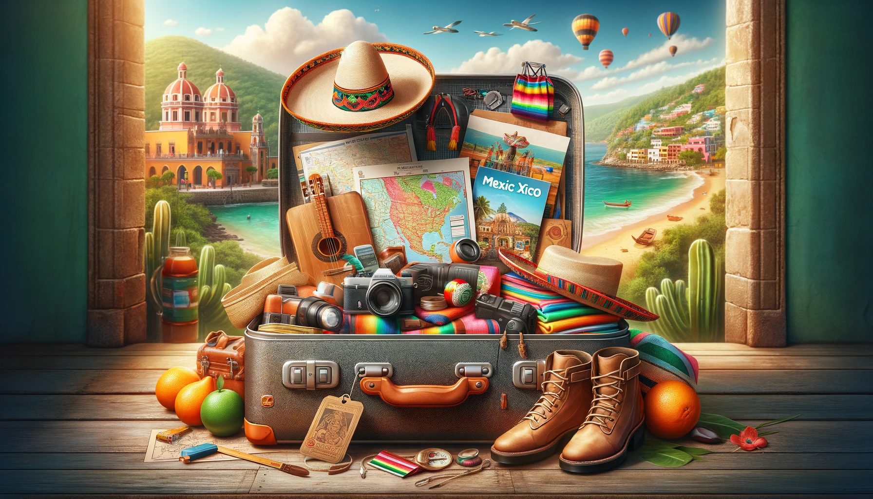 Colorful Mexico travel suitcase with cultural items.