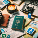 Travel essentials: coffee, passports, map, camera, and laptop.