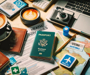 Travel essentials: coffee, passports, map, camera, and laptop.