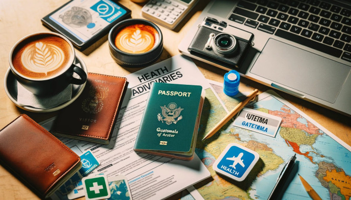 Travel essentials: coffee, passports, map, camera, and laptop.