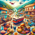 Colorful tropical village scene with food and transportation.