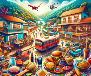 Colorful tropical village scene with food and transportation.