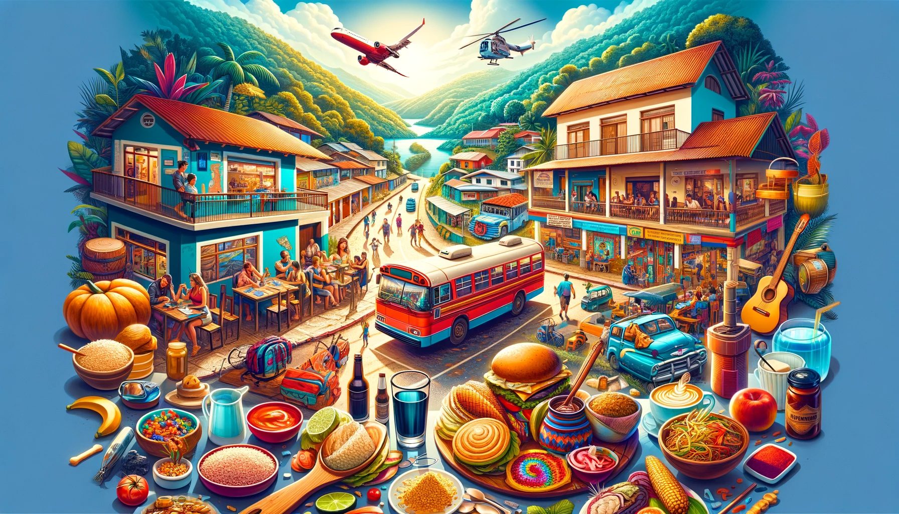 Colorful tropical village scene with food and transportation.