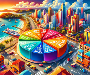 Colorful infographic pie chart over coastal cityscape.