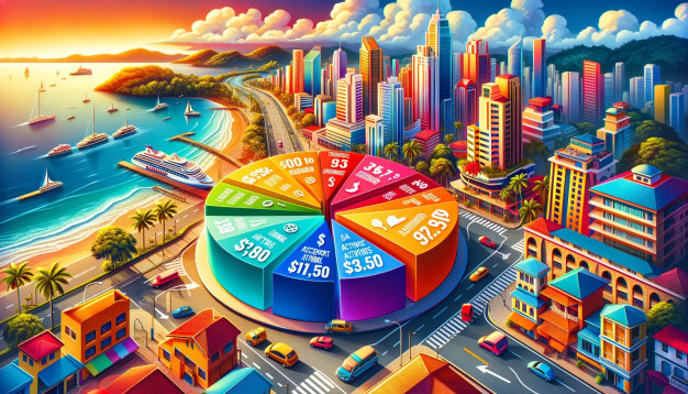 Colorful infographic pie chart over coastal cityscape.