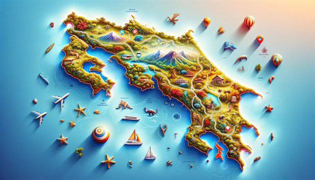 Carte de l'île fantastique illustrée en couleurs avec des icônes et des points de repère.