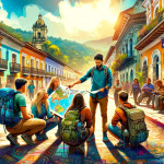 Colorful street with travelers and locals, colonial architecture.