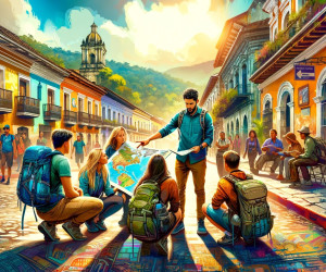 Colorful street with travelers and locals, colonial architecture.